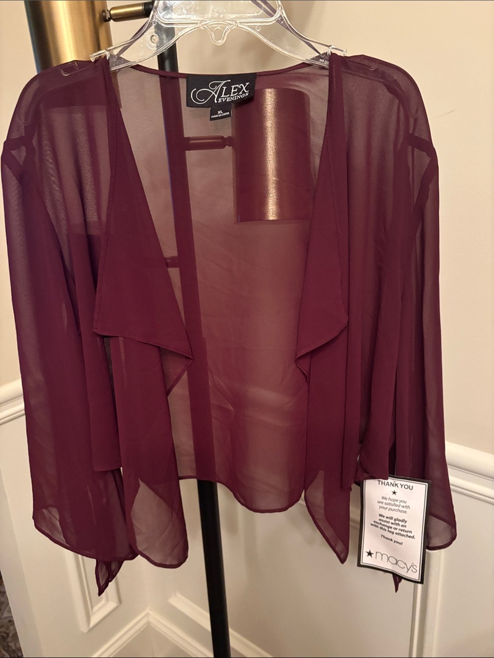 Alex Evenings Sheer Shrug Draped Open Front Cardigan - Wine